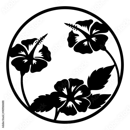 Japanese floral crest hibiscus silhouette design- Black and white circular emblem featuring hibiscus flowers and leaves in traditional Japanese crest style, ideal for logos or decoration