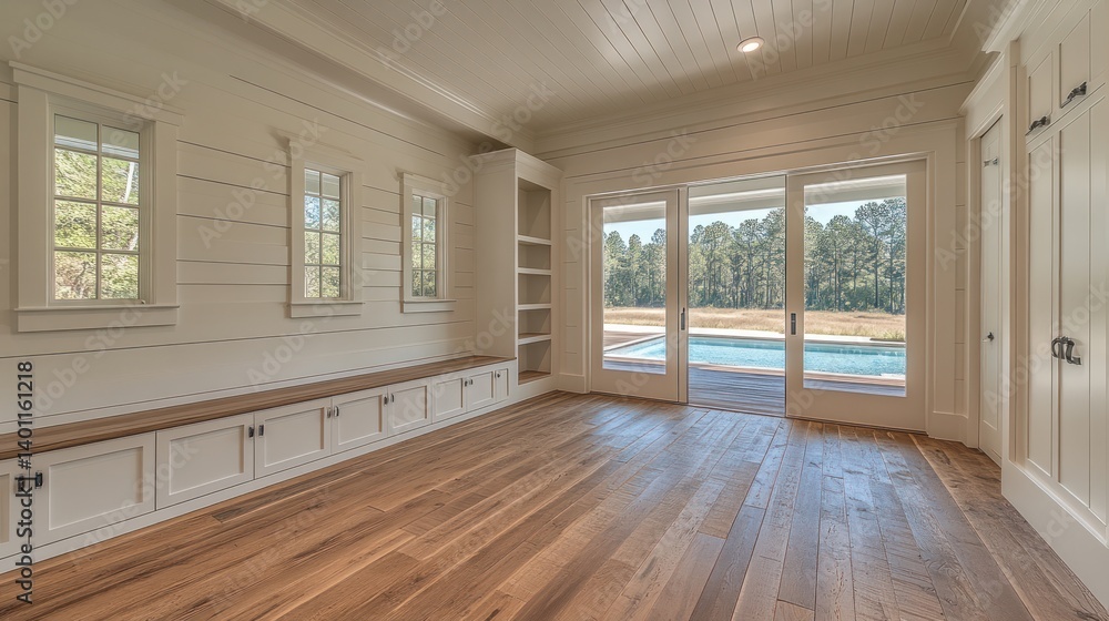 Fototapeta premium Bright, airy interior with wood floors and built-ins