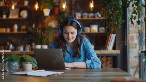 The woman with blue headphones