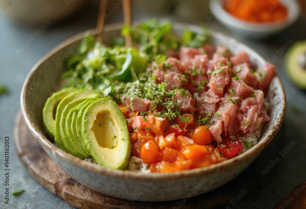 Salmon and Avocado Rice Bowl with Cherry Tomatoes Salmon and Avocado Rice Bowl with Cherry Tomatoes