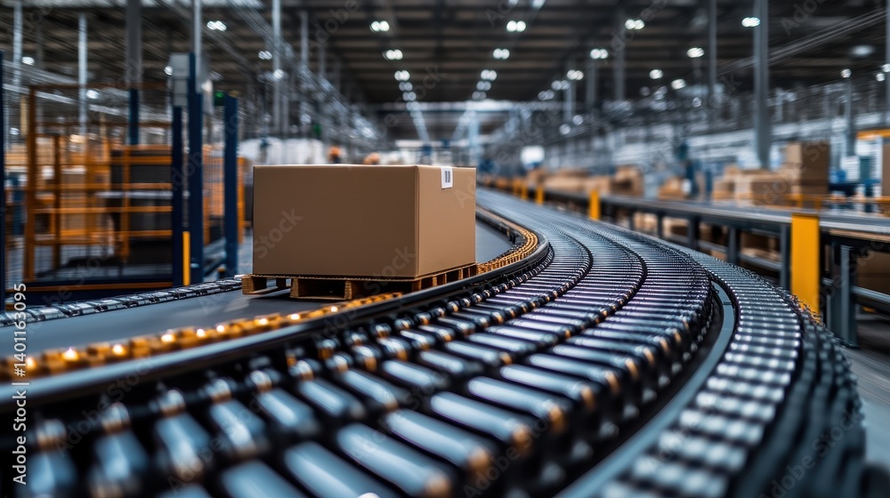 Automated warehouse conveyor system with cardboard box on roller tracks Automated warehouse conveyor system with cardboard box on roller tracks