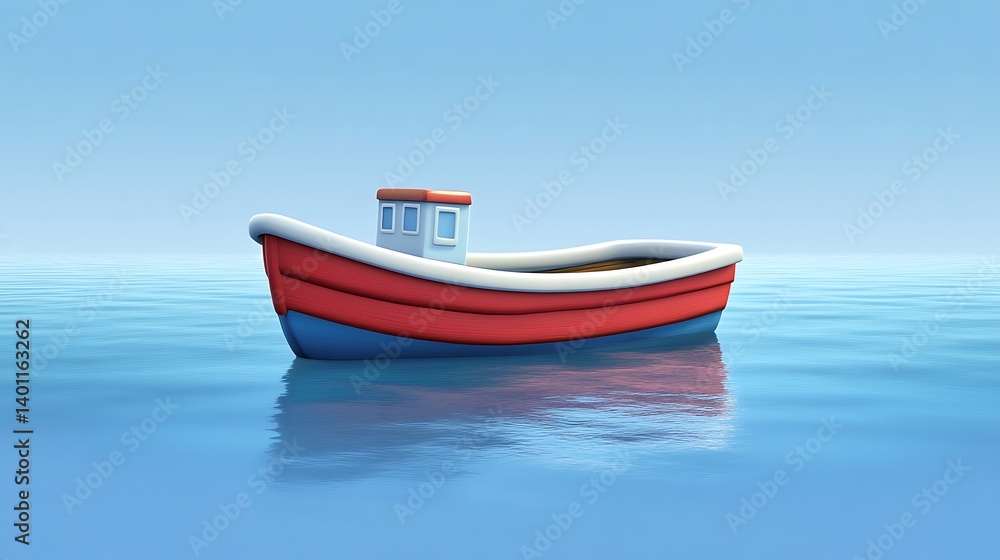 Fototapeta premium Cartoon fishing boat on calm ocean