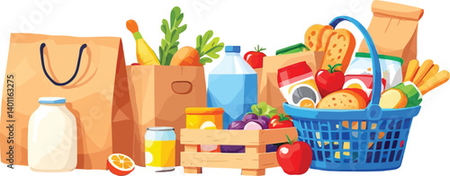 Grocery Bags Set with Plastic and Paper Packages Including Food, Cans, and Milk Products