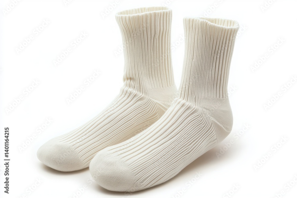 Pair of white ribbed socks isolated on white background showcasing comfort and style for everyday wear Pair of white ribbed socks isolated on white background showcasing comfort and style for everyday wear