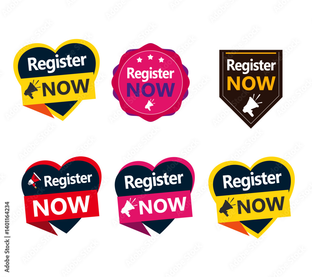 Fototapeta premium Labels Register Now Social Media HD Transparent eps in Different beautiful colors combination76.ai