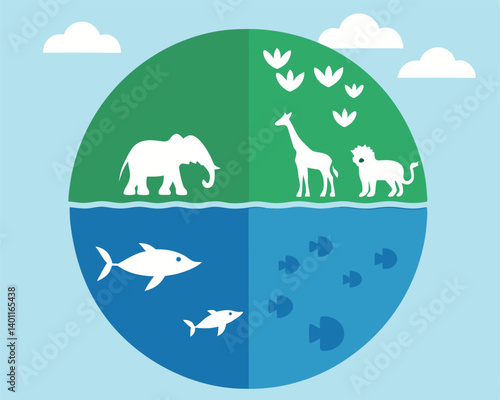 Earth Divided: Land and Sea Animals Illustration with Clouds