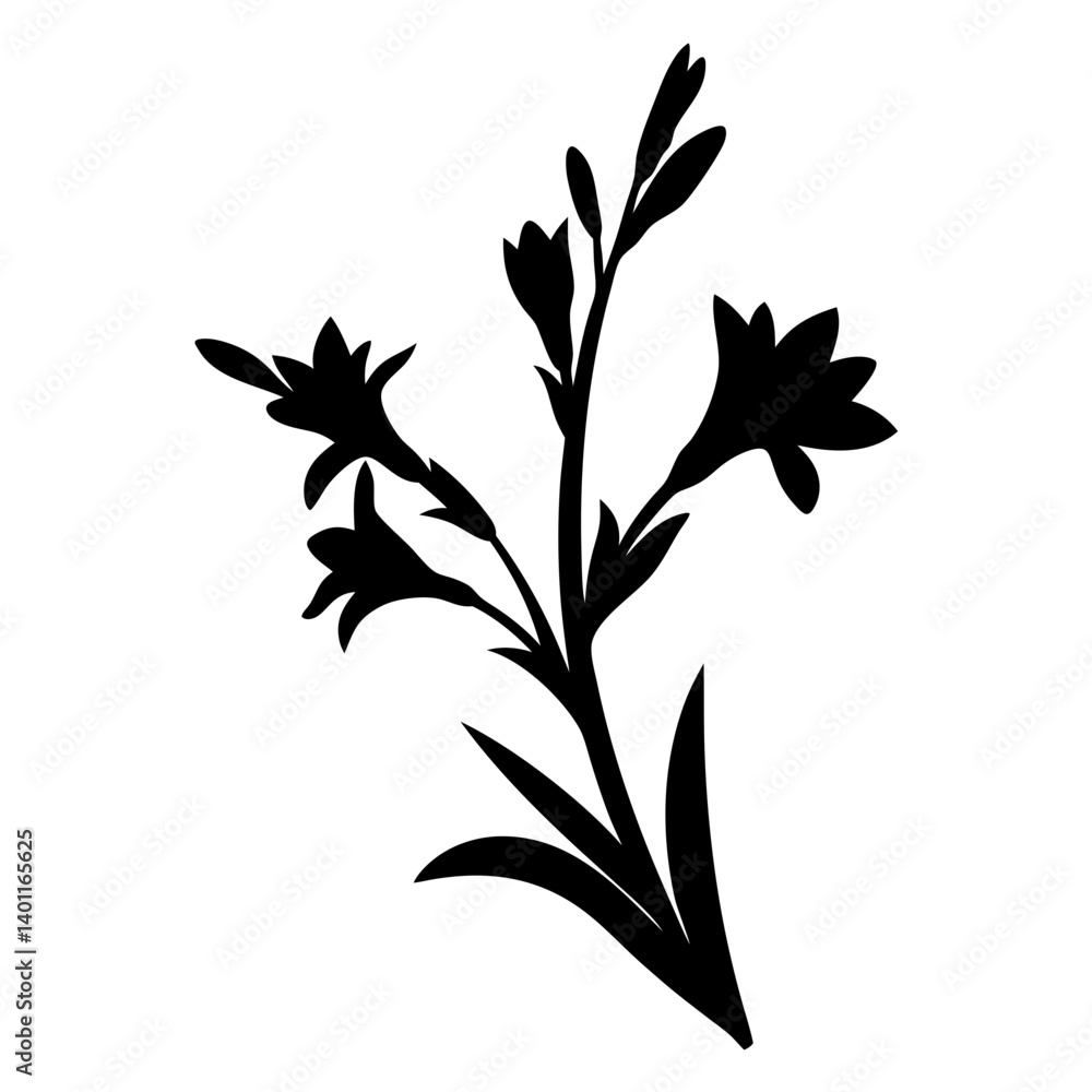 Fototapeta premium Silhouette of a Elegant Flower Stem with Multiple Blooms and Leaves