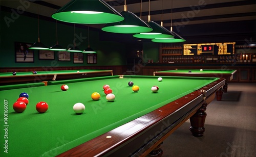.A dimly lit room with a green Snooker table as the centerpiece. The light is soft and evenly distributed. Creates a soft glow throughout the scene. generate ai	
