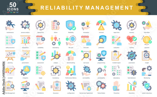 The Reliability Management flat icon set highlights key aspects of operational integrity, system performance, and risk mitigation ideal for industrial, tech, and engineering applications.