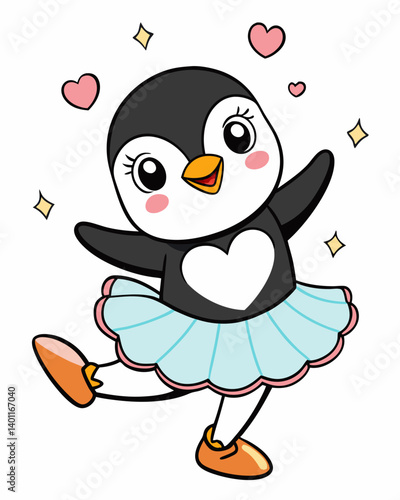Cute Dancing Penguin in Tutu with Hearts for Kids and Party Designs.
