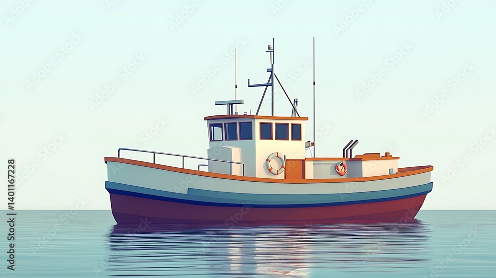 Calm fishing boat on still water Calm fishing boat on still water