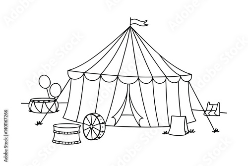 Hand Drawn Circus Tent Outline Illustration With Drum And Wagon Wheel