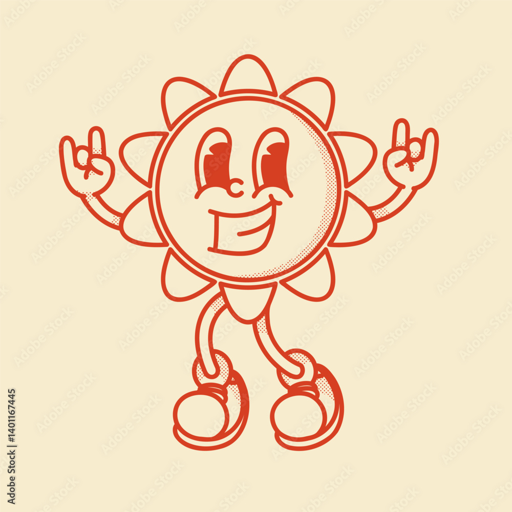 Cheerful sun character retro mascot with smiling face, shoes, hands in rock gesture. Cute spring or summer symbol Cheerful sun character retro mascot with smiling face, shoes, hands in rock gesture. Cute spring or summer symbol