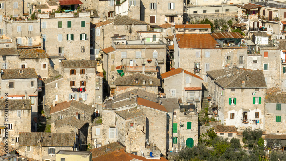 Aerial view of houses in an Italian village.