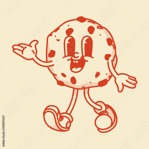 Cheerful cartoon cookie mascot character with pointing hand, friendly smile and cute shoes. Bakery menu symbol
