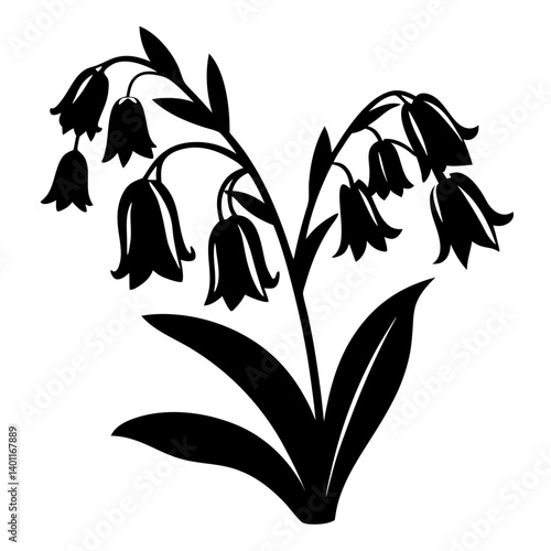 Black and White Silhouette of Blooming Bluebells Flower Illustration Botanical Spring Nature