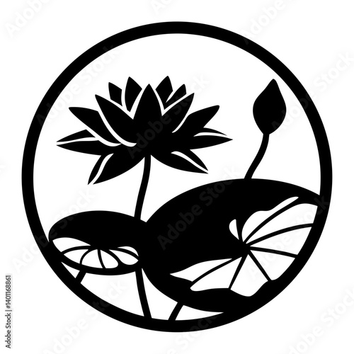 Elegant Black and White Lotus Flower in a Circle Design Artistic Water Lily Botanical Illustration