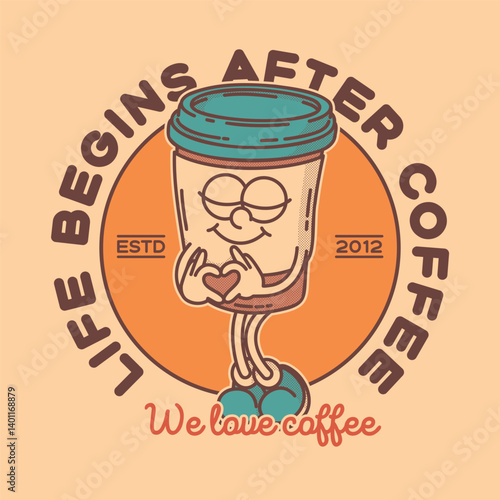 Coffee to go shop promo banner flyer signboard logo template. Retro coffe to go mascot