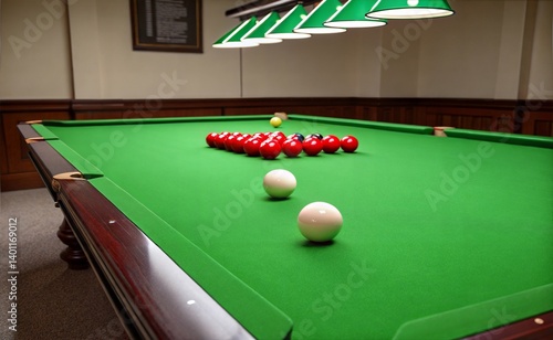 .A dimly lit room with a green Snooker table as the centerpiece. The light is soft and evenly distributed. Creates a soft glow throughout the scene. generate ai	
