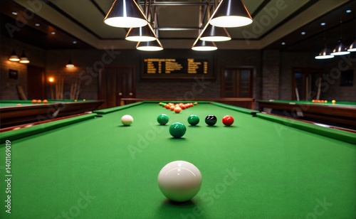 .A dimly lit room with a green Snooker table as the centerpiece. The light is soft and evenly distributed. Creates a soft glow throughout the scene. generate ai	
