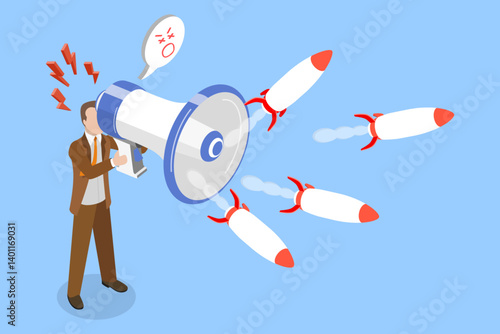 3D Isometric Flat Vector Illustration of War Propaganda, Inciting Hatred