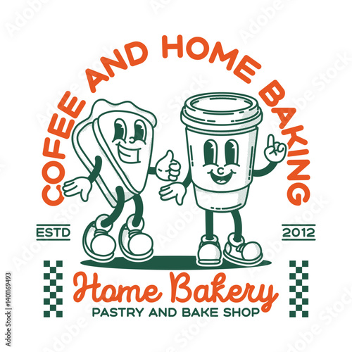 Bakery and coffee shop promo banner flyer logo template. Retro mascot of cake and coffe to go