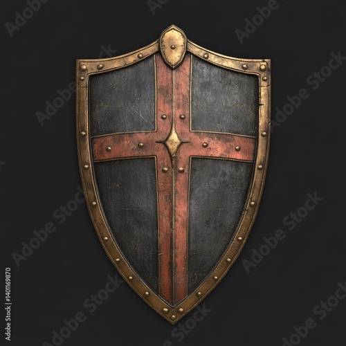 Medieval shield with a cross design.  Detailed illustration of a weathered,  protective shield, featuring a large, bold cross pattern. 