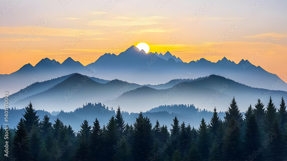 Obraz premium Sunrise Over Misty Mountain Range With Forest