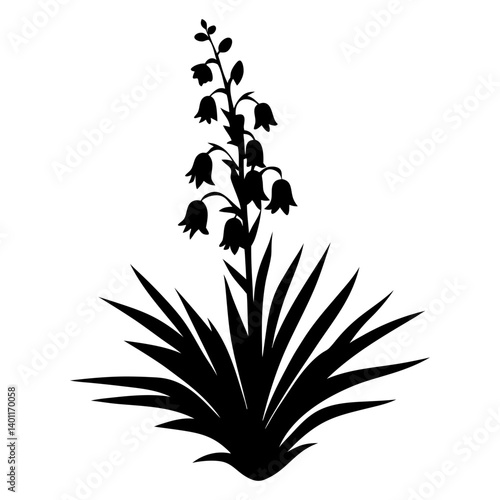 Black Silhouette of Yucca Plant with Blooming Flowers Detailed Illustration