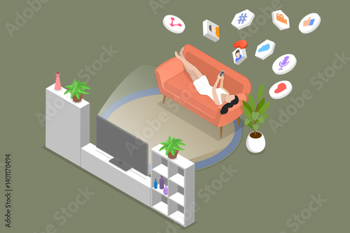 3D Isometric Flat Vector Illustration of Internet Addiction, Sedentary Lifestyle