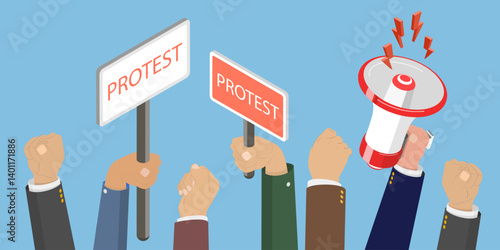 3D Isometric Flat Vector Illustration of Political Crisis, People at Picket