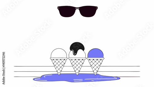 Minimalist illustration, three ice cream cones, stylized sunglasses
