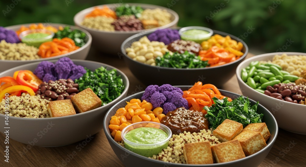 Several bowls filled with colorful vegetables grains and tofu displayed together. Several bowls filled with colorful vegetables grains and tofu displayed together.