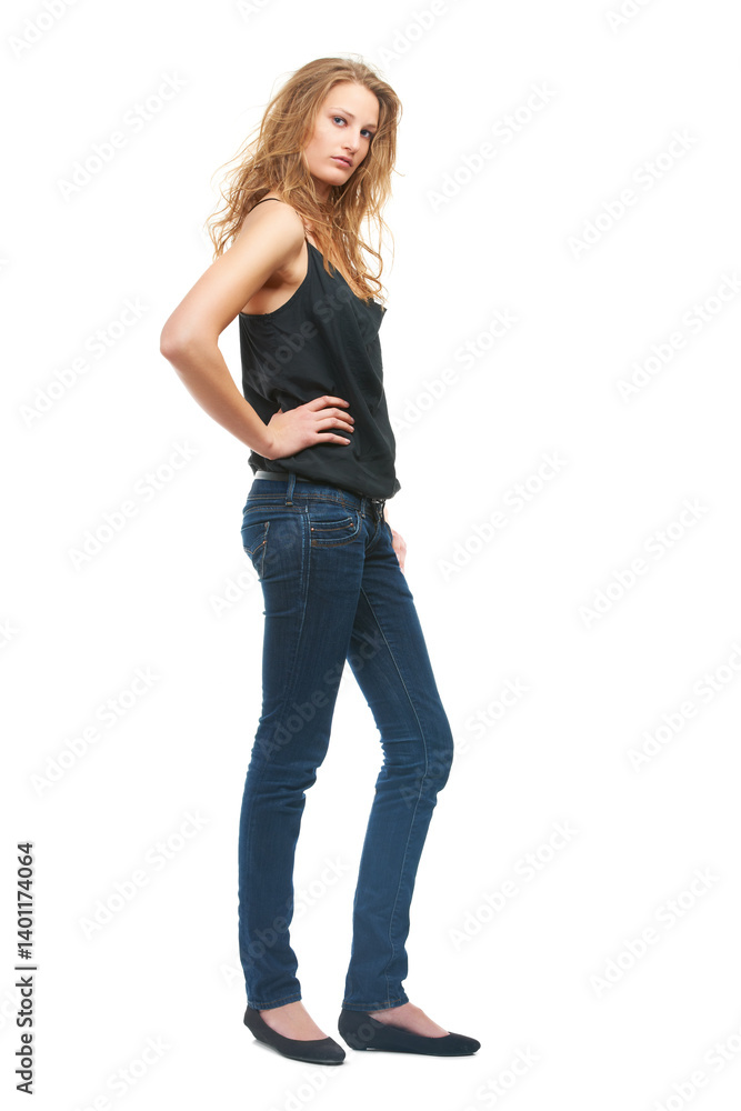 Woman, fashion and jeans in studio for portrait with confidence, style and isolated by white background. Person, girl or model with trendy clothes with edgy denim, cool and casual outfit in Ireland Woman, fashion and jeans in studio for portrait with confidence, style and isolated by white background. Person, girl or model with trendy clothes with edgy denim, cool and casual outfit in Ireland
