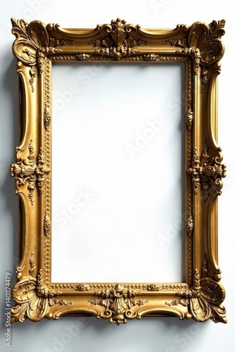 Intricate details, antique gold picture frame, white background , border, shape, metal