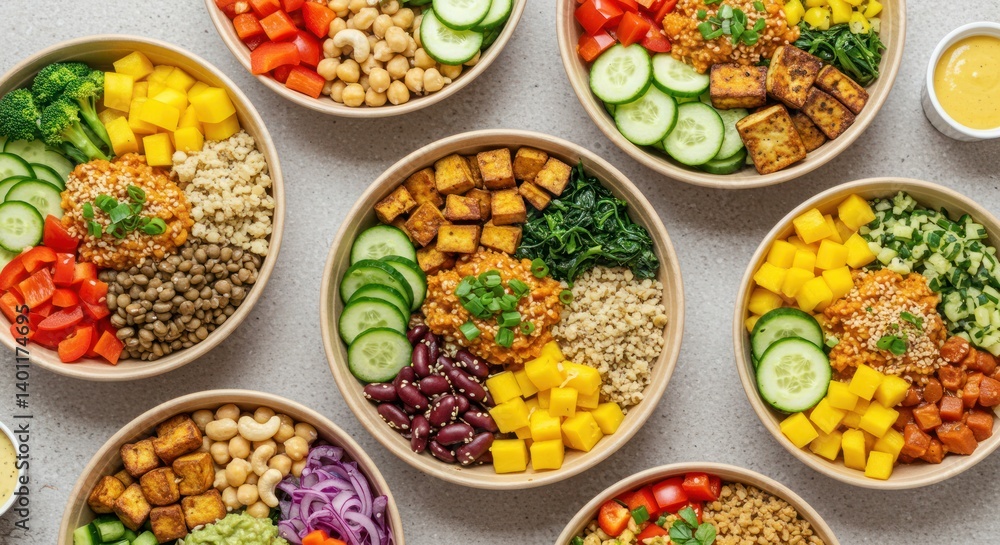 Several bowls filled with colorful healthy ingredients are arranged on a surface. Several bowls filled with colorful healthy ingredients are arranged on a surface.
