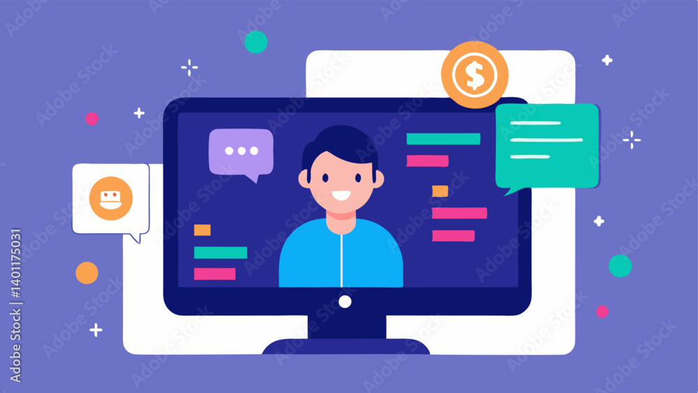 Chat Support Feature An illustration of a chat window on a trading platform where a trader is receiving realtime support from a digital assistant with crypto icons in the Chat Support Feature An illustration of a chat window on a trading platform where a trader is receiving realtime support from a digital assistant with crypto icons in the