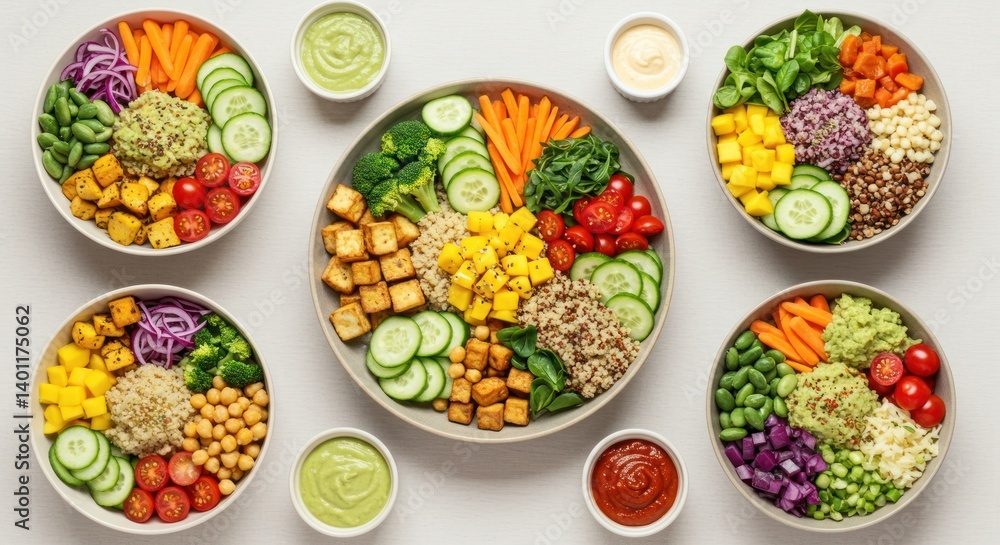 Several bowls of colorful salads with various ingredients and sauces on a table.