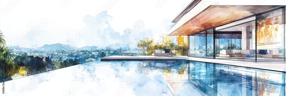 Fototapeta premium Modern Watercolor Villa with Panoramic View - Luxurious waterfront home, expansive pool, scenic vista, glass walls, modern architecture. Symbolizing: opulence, serenity, escape, luxury, tranquility