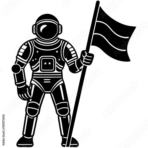 Line art vector silhouette of an astronaut holding a flag, with the flag standing upright