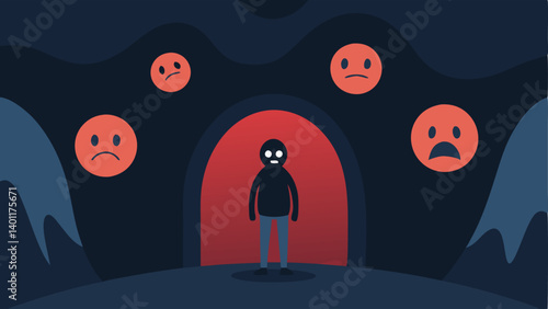Emotional Caves A person standing outside a series of dark caves with labels of emotions like Sadness Anger looking fearful but clearly drawn to the light inside symbolizing the
