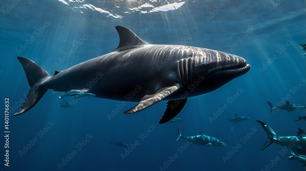 Naklejka premium false killer whale A sleek false killer whale slices through the deep blue of the open ocean ai