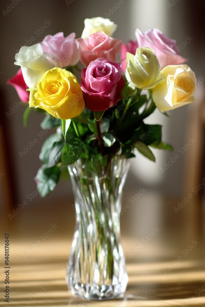 Fototapeta premium Colorful bouquet of roses in a glass vase
