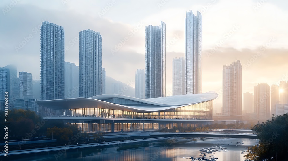 Obraz premium Modern skyline illuminated above still river high resolution picture