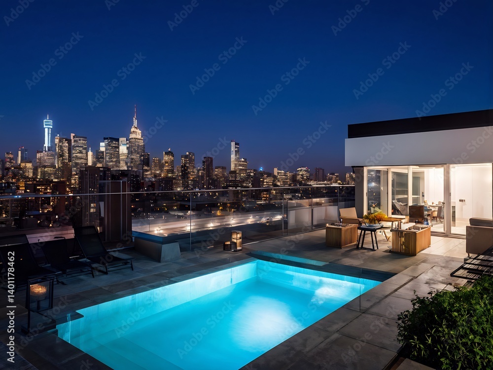 Obraz premium Rooftop Pool with City Skyline at Night