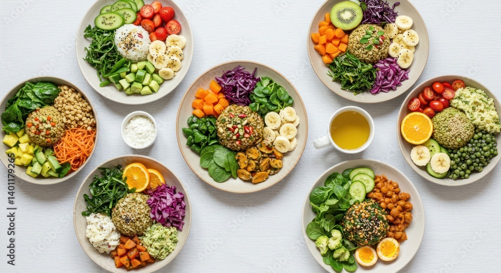 Seven bowls of colorful salad ingredients arranged on a white surface. Seven bowls of colorful salad ingredients arranged on a white surface.