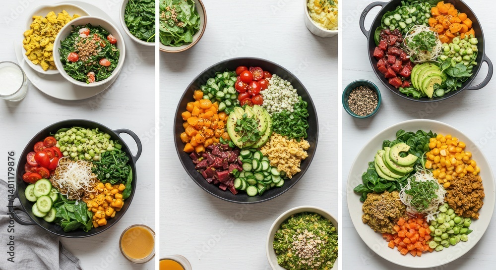 Several bowls and pans of colorful salads and healthy ingredients on a white surface. Several bowls and pans of colorful salads and healthy ingredients on a white surface.