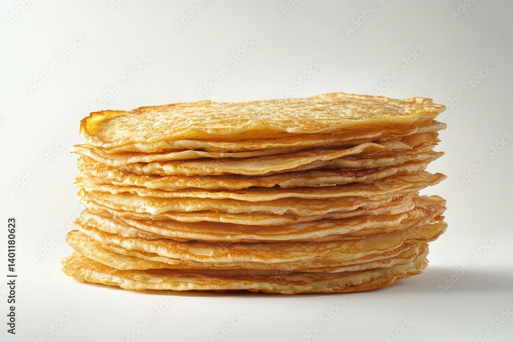 Stack of pancakes isolated on white background with syrup and butter toppings Stack of pancakes isolated on white background with syrup and butter toppings