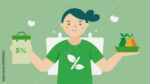 Sustainable Living Advocate An influencer holding reusable bags and ecofriendly products presenting a sign stating Eco Deals – 15% Off All Green Products.