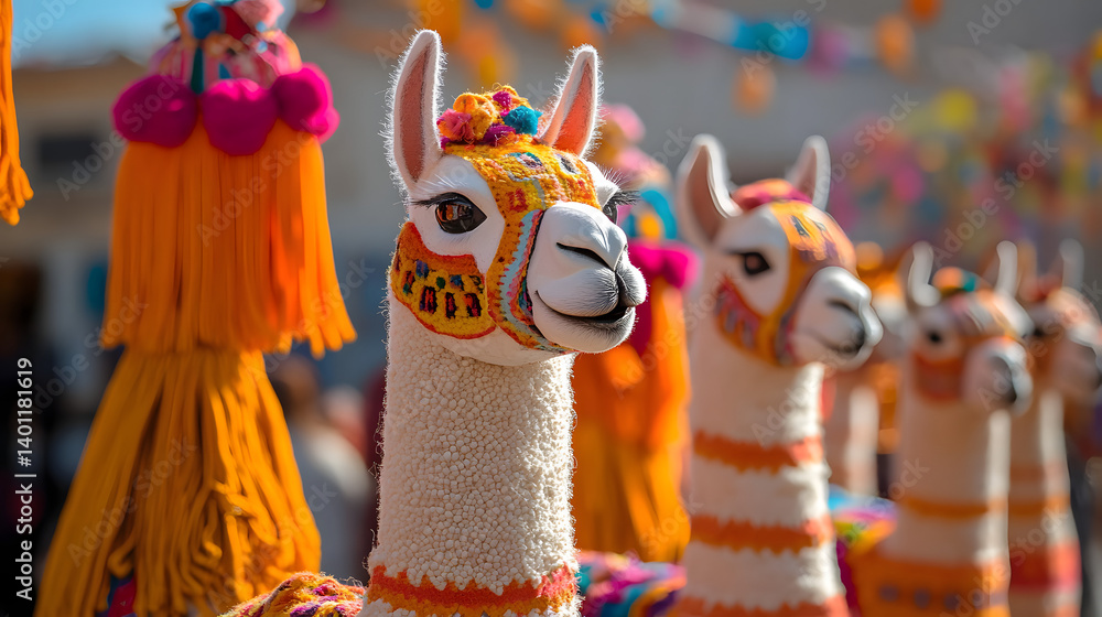 Fototapeta premium Inti raymi festival colorful llama decorations, cusco peru